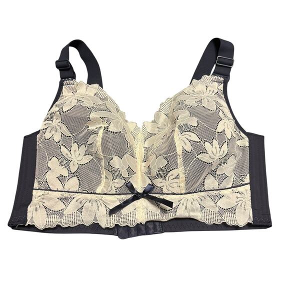 Agnes Orinda Navy Blue & Cream Lace Wire Free 4 Hook Bra Size 40D - Picture 1 of 6